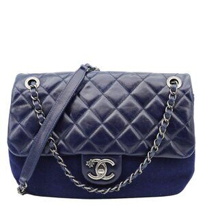 Chanel  Classic Single Flap Wool Leather Shoulder Bag Navy Blue